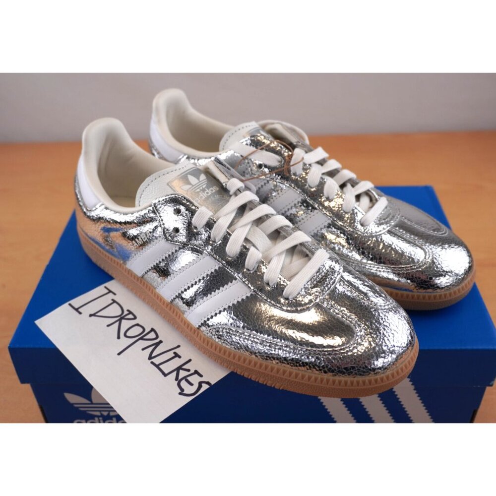 Adidas Samba OG Silver Metallic Cracked Leather Women's Shoes - Picture 6 of 11